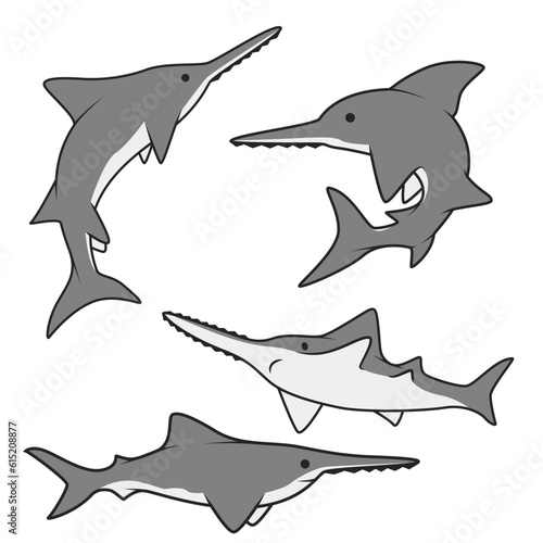 Colorful cute vector doodles of saw sharks in various poses. Doodle vector of animal