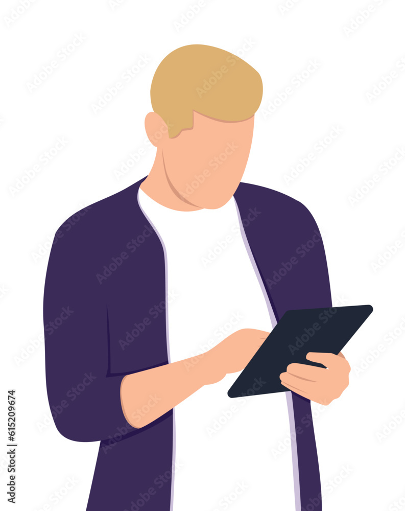 Business concept. A man with a tablet analyzes data. Vector illustration. Business concept. A man with a tablet analyzes data. Vector illustration.