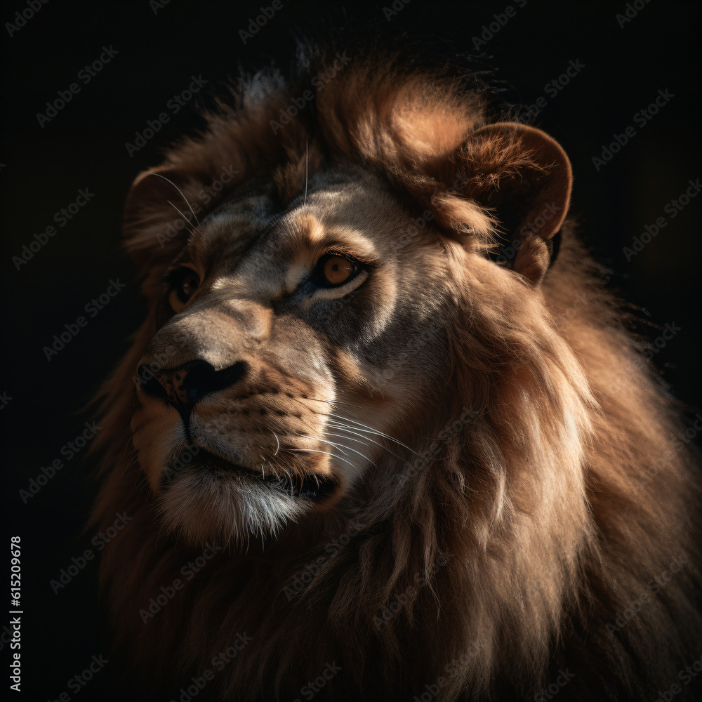 Fototapeta premium A close up of a lion's face on a black background Generative Ai