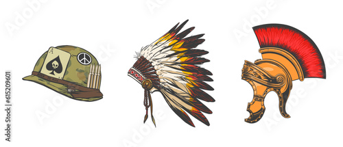 Bright set of headdresses of the US soldier, gladiator and Chief of the tribe in hand drow style for printing and design. Vector illustration.