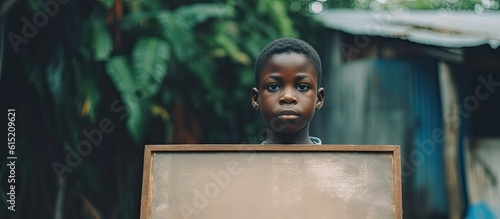 Child holding an empy blackboard, copy space