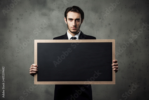 person holding a blackboard, copy space