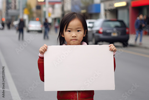 Kid holding blank sign on the street, copy space