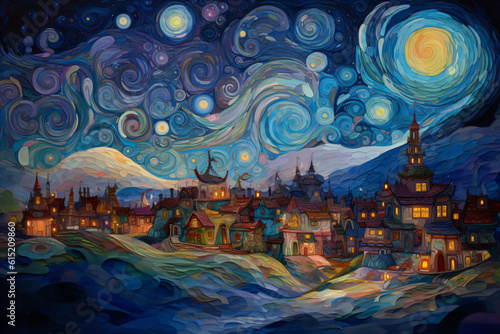 A starry night style painting of a night sky with stars and buildings Generative Ai © Eduardo