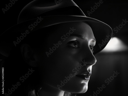 A low-key portrait of a woman wearing a vintage hat in a dark room Generative Ai