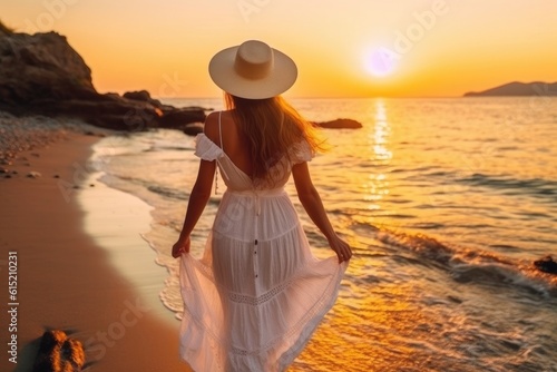 Back view young happiness traveller woman standing on beautiful sandy beach  ai generated