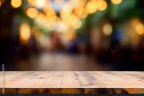 Background with an empty wooden table in the foreground against the backdrop of an evening fair. Universal background. © Maryna