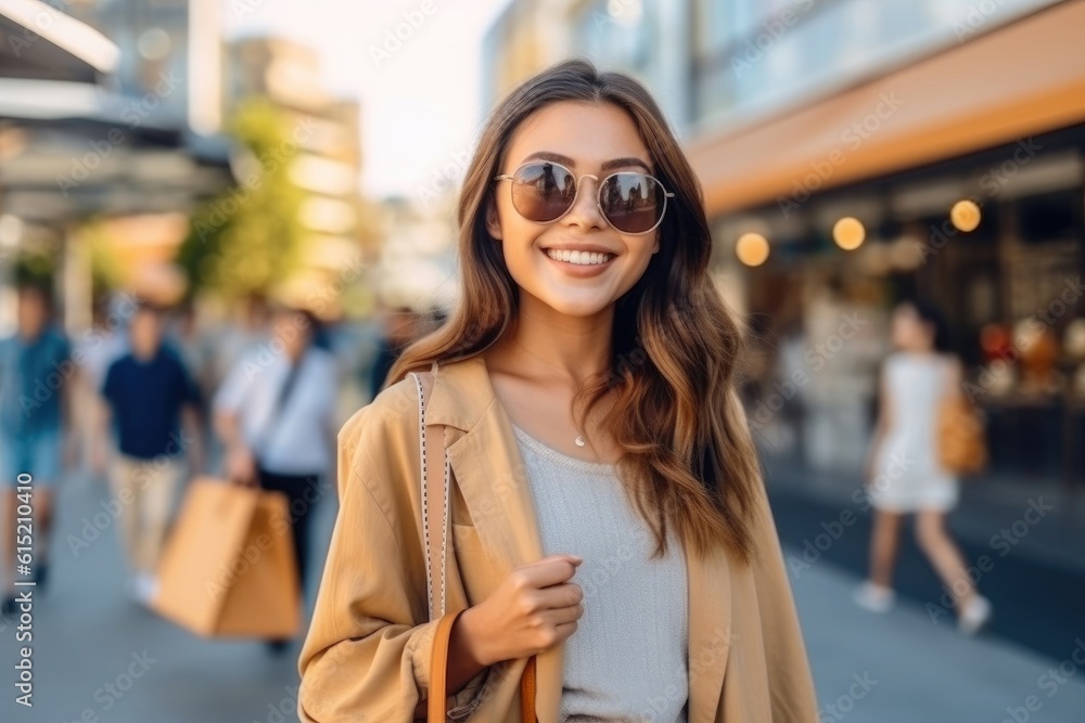 Smiling attractive young women shopping at shoes store, ai generated