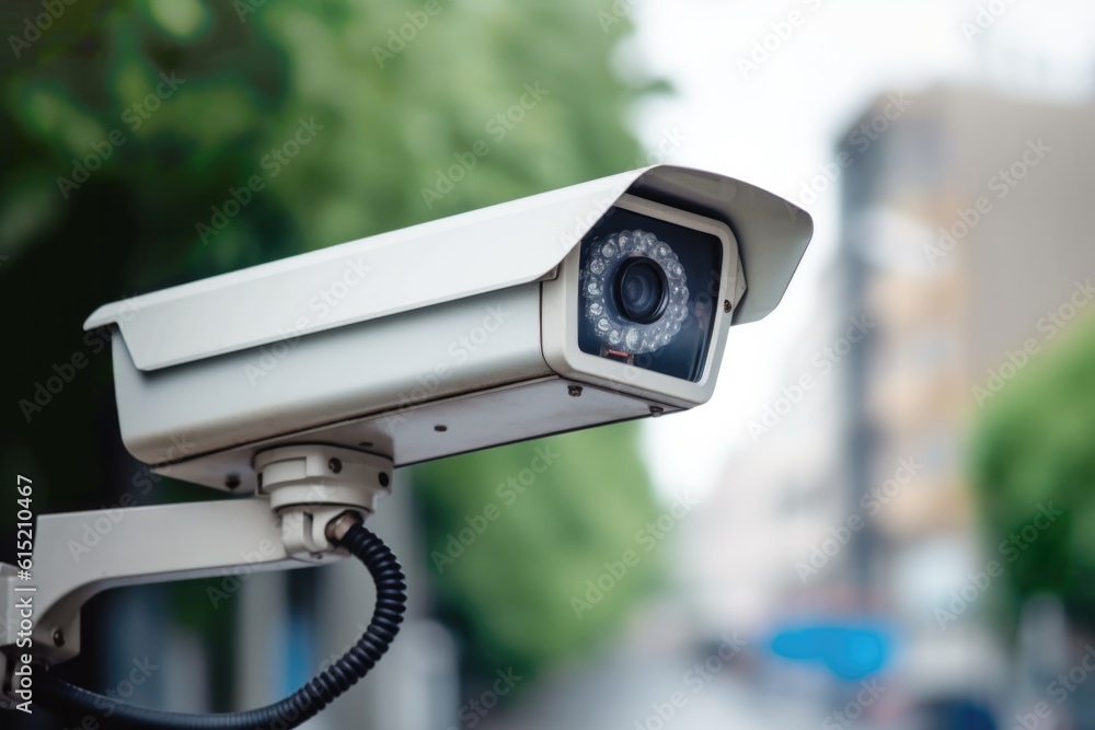 Close up of a surveillance camera monitoring city residential area
