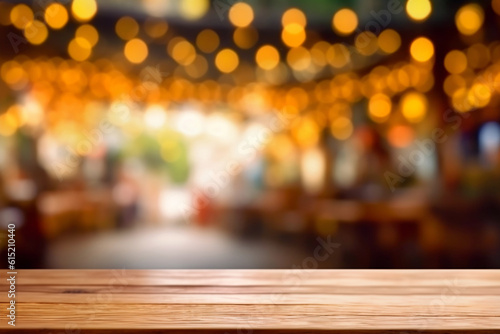 Background with an empty wooden table in the foreground against the backdrop of an evening fair. Universal background.