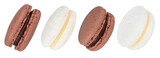 Collection of chocolate and vanilla macaroons on an isolated white background.
