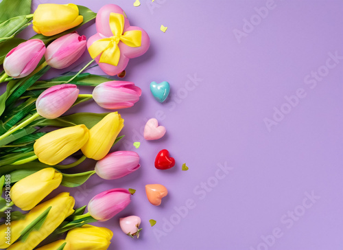 Mothers Day atmosphere idea Top view composition of bouquets of pink yellow tulips flowers. Generative AI