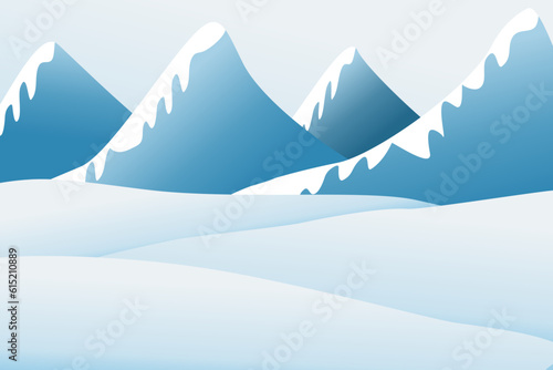 Winter mountain landscape with trees and snow. Christmas landscape background with snow and tree. Merry Christmas holiday. New year and xmas celebration. Vector illustration in watercolour 3d design.
