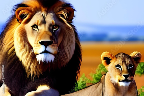 proud lion and his cub are happy together in african landscape. Generative AI