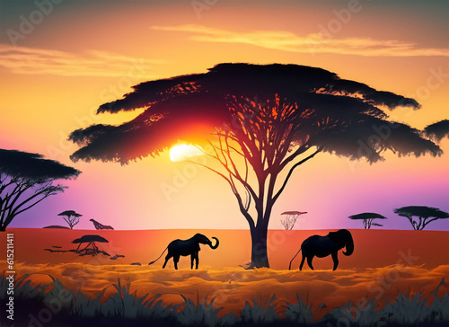 Safari sunset with animals nature wildlife savannah landscape. Generative AI