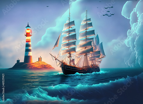 Sailing ship with lighthouse in background. Generative AI
