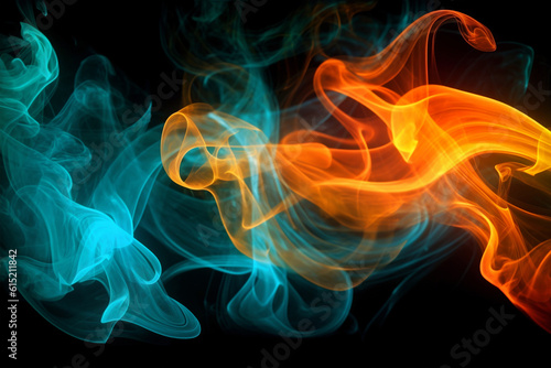 Smoke on a black background is orange-turquoise. Abstract background.