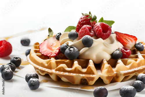 Belgian waffles with berries and buttercream on a white background, Generative AI 2
