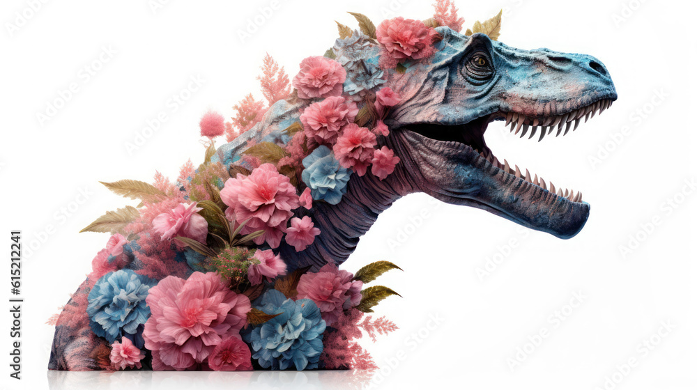 T-rex portrait with the flower on the isolated white background 