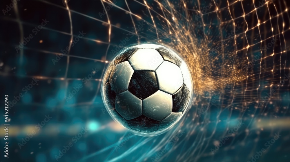 Fototapeta premium Soccer ball in the goal after shot in the game.