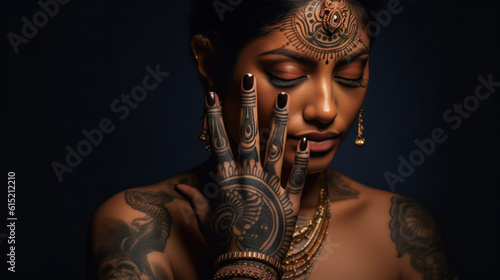 portrait of a person with a hand henna tattoo