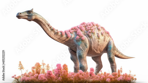 A tyrannosaurus rex dinosaur with flowers on isolated white background © EmmaStock