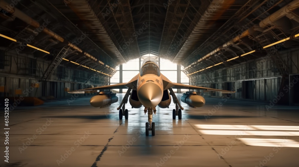 Powerful military fighter jet parked in military hangar. Powerful military fighter jet parked in military hangar.