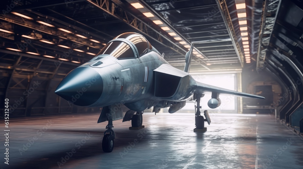 Fighter jet parked inside hangar. Fighter jet parked inside hangar.