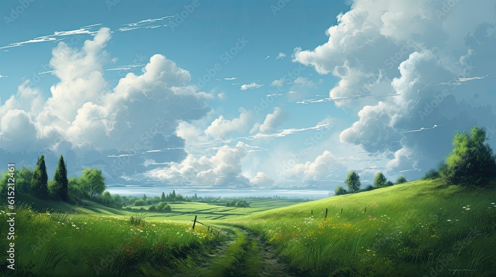 Obraz premium Calming cute rural landscape with fields, pastures and winding roads in a cartoon style. Generative Ai.