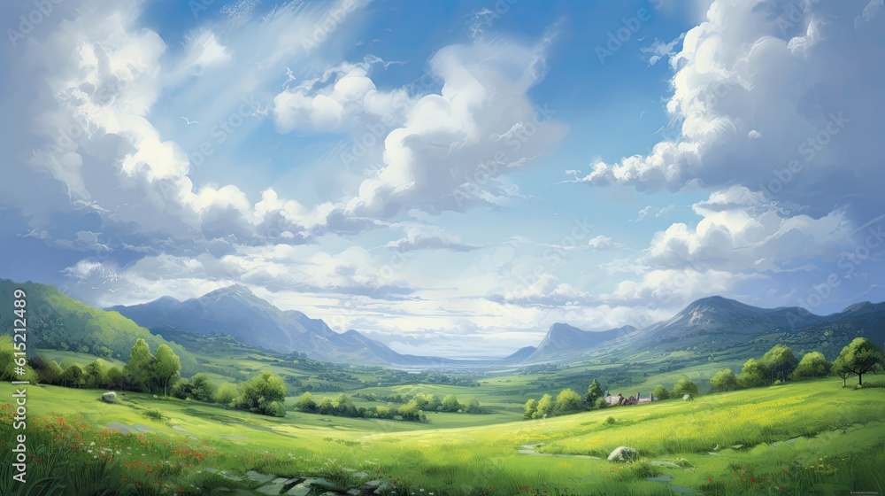 Calming cute rural landscape with fields, pastures and winding roads in a cartoon style. Generative Ai. Calming cute rural landscape with fields, pastures and winding roads in a cartoon style. Generative Ai.