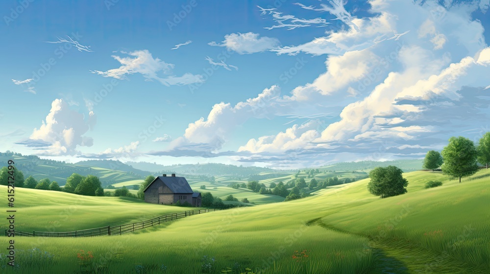 Calming cute rural landscape with fields, pastures and winding roads in a cartoon style. Generative Ai. Calming cute rural landscape with fields, pastures and winding roads in a cartoon style. Generative Ai.