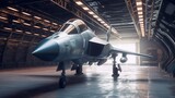 Fighter jet parked inside hangar.