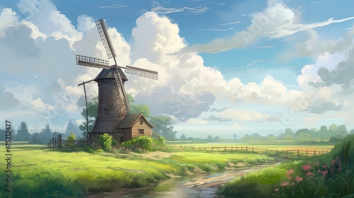 A serene rural landscape with a medieval mill. Tranquil and picturesque, it captures the timeless charm of the countryside. Generative Ai.