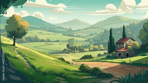 Calming cute rural landscape with fields, pastures and winding roads in a cartoon style. Generative Ai.