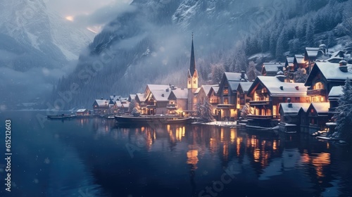 Hallstatt lakeside town in the Austrian Alps reflecting in Hallstattersee lake on a winter time with snow. © visoot