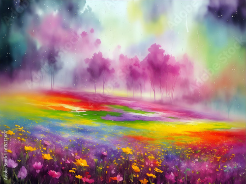 Colorful meadow flowers landscape. AI generated illustration