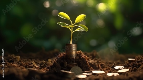 Tree growing on coins, Coins with plant on top put on the soil in green nature background for business growth concept.