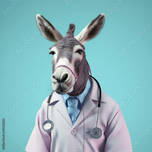 donkey as doctor with stethoscope. Comic concept of animals and in human roles photo