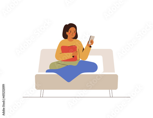 Young woman suffers from sleep disorder and uses phone in bed. Teenager girl surfing internet by mobile in the bedtime. Gadget addiction concept. Vector illustration © Mary Long