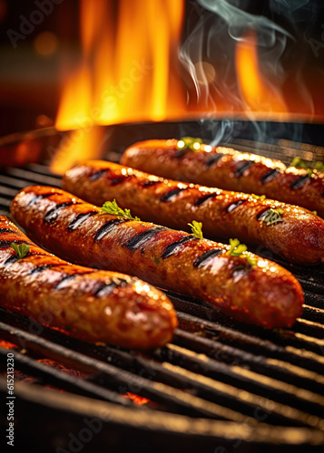 Sausages grilling on barbecue. Bratwursts over the hot coals and fire. Generative Ai