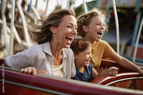 Candid moment of a mother with young children riding a rollercoaster at an amusement park and having a lot of fun and laughing © Svante Berg