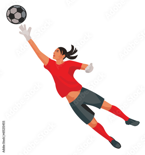 Asian women's football girl goalkeeper jumping and catching the ball