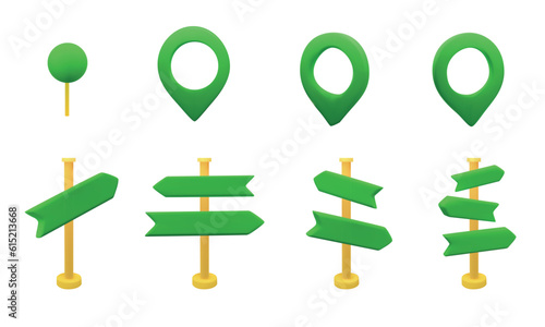 3D green arrows and pins direction set. Vector stock illustration pack isolated on white background for game and print industry. 