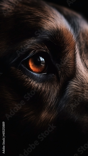 Closeup dog eye, portrait of animal on dark background. Ai generated