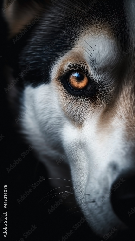 Closeup husky dog eye, portrait of animal on dark background. Ai generated