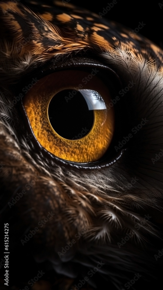 Closeup owl eye, portrait of animal on dark background. Ai generated Closeup owl eye, portrait of animal on dark background. Ai generated