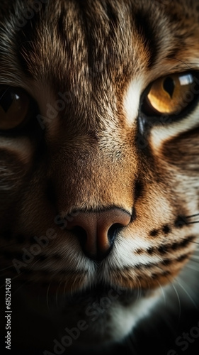 Closeup manul eye, portrait of animal on dark background. Ai generated © Artem81