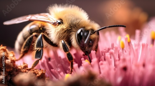close-up image of a bee as it finds respite on a bed of colorful flowers, highlighting the intricate patterns on its body and the delicate balance of nature