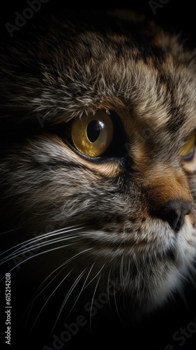 Closeup manul eye, portrait of animal on dark background. Ai generated