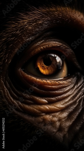 Closeup monkey eye, portrait of animal on dark background. Ai generated